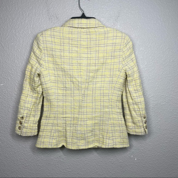 Theory Size 2 Tweed Blazer Jacket Yellow Plaid Cotton Single Breasted Pockets - Picture 8 of 8